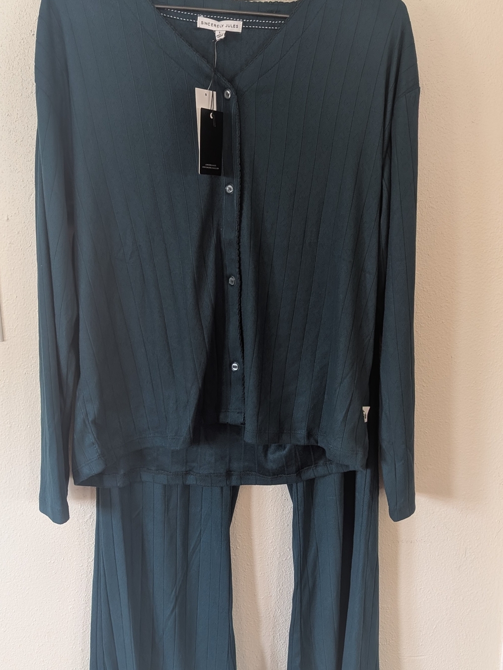 Sincerely Jules Deep Teal Ribbed Button Pajama Set 3 Piece Large